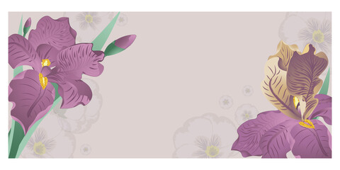 Vector banner with burgundy iris flowers on the beige background. Vector illustration, wallpaper, greeting cards, floral design for natural products. Soft warm colors