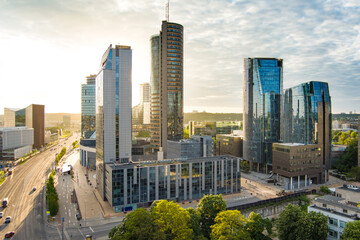 Beautiful aerial evening view of Vilnius business district with scenic sunset illumination.
