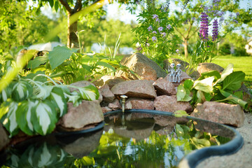 Small artificial pond on sunny summer day in the garden. Beautifully designed garden pond surrounded with plants and flowers.