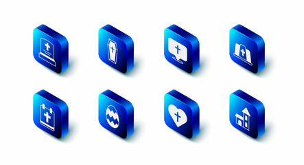 Set Coffin, Location church building, Pope hat, Church, Christian cross heart, Easter egg, Calendar with and Grave tombstone icon. Vector