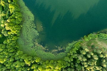 Beautiful top down aerial view of a lake in Moletai region, famous or its lakes.