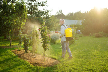 Farmer with a mist fogger sprayer sprays fungicide and pesticide on bushes and trees. Protection of cultivated plants from insects and fungal infections. - obrazy, fototapety, plakaty
