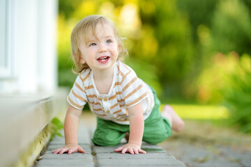 Fototapeta premium Funny toddler boy having fun outdoors on sunny summer day. Child exploring nature.