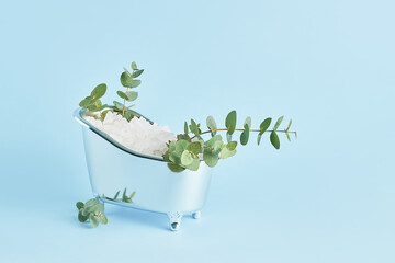 White bath salt and twigs of fresh eucalyptus in a small bathtub on a blue background. SPA, body...