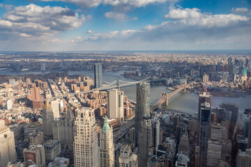 New York Cityscape as Seen From One World Trade Center, Including East River, Brooklyn Bridge and Williamsburg Bridge on a Cloudy Winter Day - 503022122