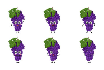 Set of cute cartoon grape fruit vector character set isolated on white background