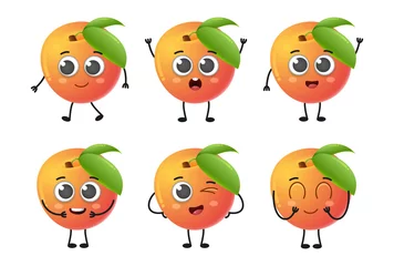 Fotobehang Set of cute cartoon peach fruit vector character set isolated on white background © Sleeping Carbuncle
