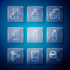 Set line Chemical formula for H2O, Glass with water, Shower head, Bottle of, Water drop location, Jug glass and icon. Vector