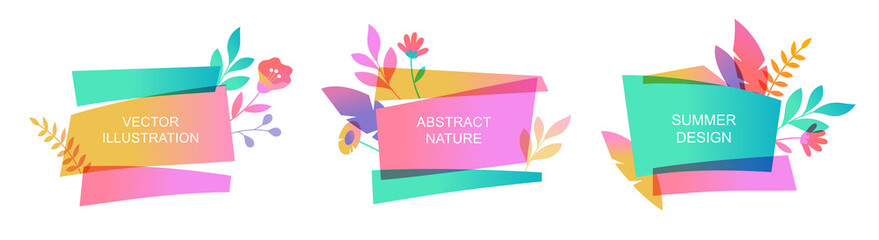 Set of vector abstract summer banners with copy spaces for text. Decorative templates for promo badges, event invitations, discount stickers, advertising flyers. Flower designs in flat style.