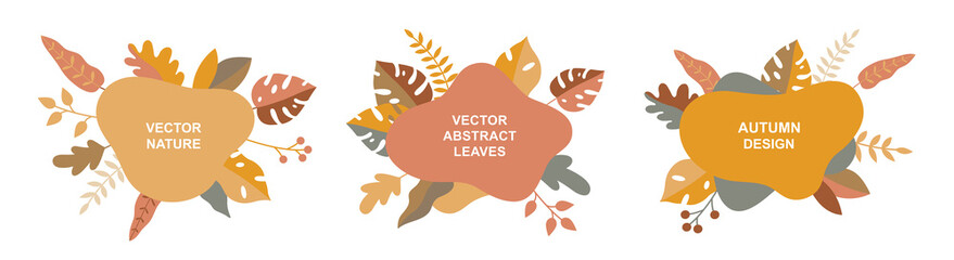 Set of vector abstract summer banners with copy spaces for text. Decorative templates for promo badges, event invitations, discount stickers, advertising flyers. Designs with leaves in flat style.