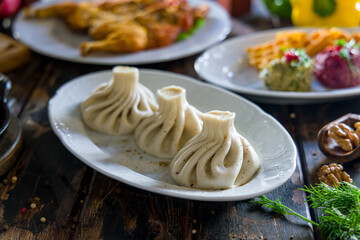 Khinkali with lamb on wooden table with pkhali and chicken tabaka side view, macro close up