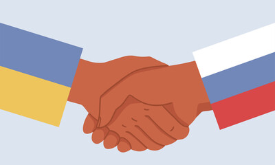 Illustration of a hand under the flags of Russia and Ukraine in a handshake. It symbolizes a peace treaty, friendship, the end of a war, a truce, a deal. Isolated on a light.