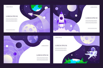 Set of web banners templates. Presentation. Space explore. Corporate presentation design.  Purple gradient. Cartoon vector illustration. Science. Horizontal banners. EPS 10 - 503023185