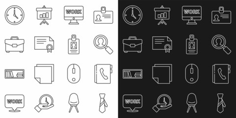 Set line Tie, Address book, Magnifying glass for search people, Monitor with text work, Certificate template, Briefcase, Clock and Identification badge icon. Vector