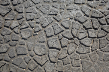 Background texture of drying mud or cracked earth in drought season. Mosaic pattern of natural dried ground soil. Cheetham Wetlands. Point Cook, Melbourne VIC Australia.