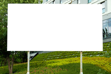 Blank white billboard for advertisement in front of the modern building