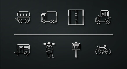 Set line Wild west covered wagon, Rv Camping trailer, Tractor, Road traffic signpost, Scooter, Delivery cargo truck, Bicycle and icon. Vector