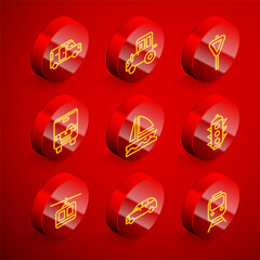 Set line Minibus, Tractor, Road traffic signpost, Bus, Yacht sailboat, Traffic light, Cable car and Hatchback icon. Vector