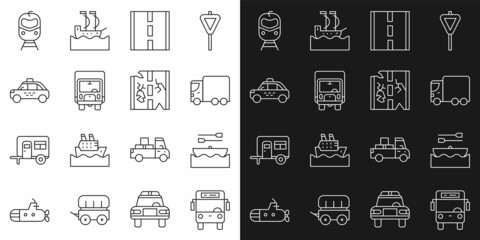 Set line Bus, Boat with oars, Delivery cargo truck, Road, Taxi, Train and railway and Broken road icon. Vector