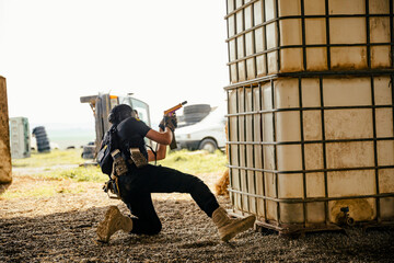 Airsoft soldier moving in combat during a game