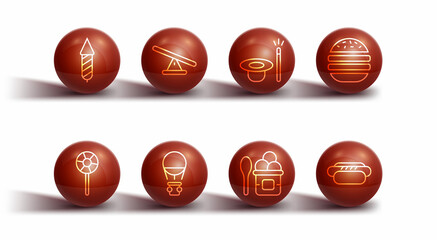 Set line Firework rocket, Lollipop, Burger, Ice cream in bowl, Hot air balloon, Seesaw, Hotdog and Magic hat and wand icon. Vector