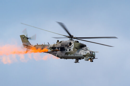 Payerne, Switzerland - September 1, 2014: Czech Air Force (Vzdu&scaron;n&eacute; s&iacute;ly Arm&aacute;dy Česk&eacute; republiky) Mil Mi-24V Attack Helicopter.