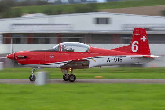Payerne, Switzerland - September 1, 2014: Swiss Air Force PC-7 display team flying Pilatus PC-7 trainer aircraft.