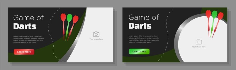 Darts game online banner template set, darts sport arrows advertisement, horizontal ad, bar pub entertainment campaign webpage, flyer, creative brochure, isolated on background