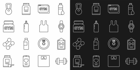 Set line Dumbbell, Sport training program, Smartwatch, Online fitness and, Punching bag, Sports nutrition, Kettlebell and Sleeveless T-shirt icon. Vector