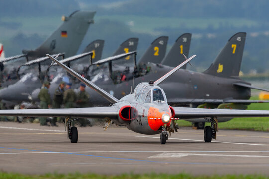 Payerne, Switzerland - September 1, 2014: Former French Air Force (Armee De L&rsquo;Air) Fouga CM-170R Magister jet trainer aircraft F-AZPZ.