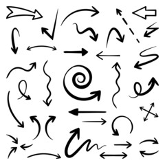 Hand drawn arrows set. Doodle style curved arrows. Set of arrow icons