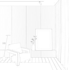A sketch of the modern interior with a dry branch in a bottle near a vertical poster on a pedestal, a lamp near a modern armchair, and a wall panel near a window with curtains. Front view. 3d render
