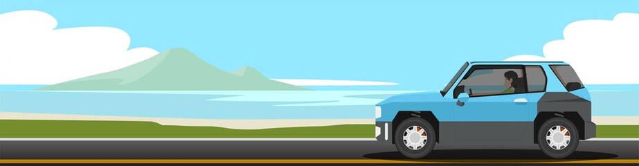 Travaling of SUV car blue color driving on tha asphalt road. Path sized a ocean beach, with sandy beaches and a background of island under a blue sky. Illustrator and Vector for summer posters.