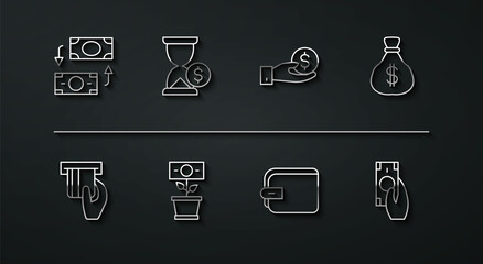 Set line Money exchange, Credit card inserted, bag, Wallet, plant the pot, Hourglass with dollar, Fast payments and Hand giving money icon. Vector