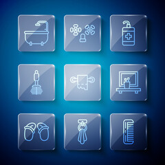 Set line Flip flops, Towel on a hanger, Hairbrush, Hand sanitizer bottle, Toilet paper roll, Bathtub and Washbasin mirror icon. Vector