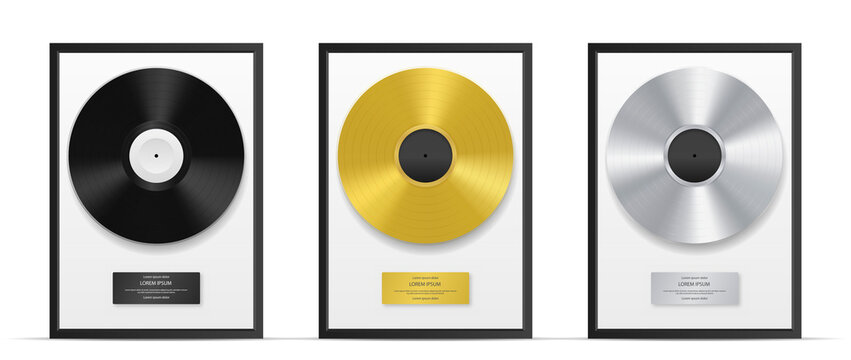 Gold album mockup. Collection of records, music and playlist for real fans. Music band award, congratulations and memory concept. Realistic flat vector illustrations isolated on white background