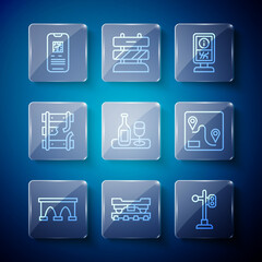 Set line Bridge for train, Cargo wagon, Train traffic light, Information stand, Wine bottle with glass, Broken rails railway, E-ticket and Route location icon. Vector