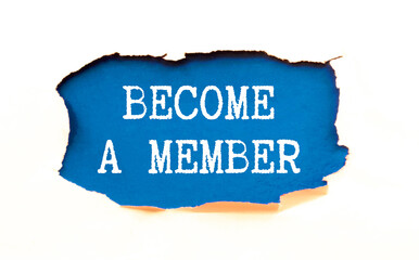 Top angle view of pen and notebook written with text BECOME A MEMBER. Business and education...
