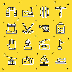Set line Sled, Location marker, Christmas sweater, Ski and sticks, Ice hockey, Ribbon in finishing line, Winter scarf and Rescue helicopter icon. Vector