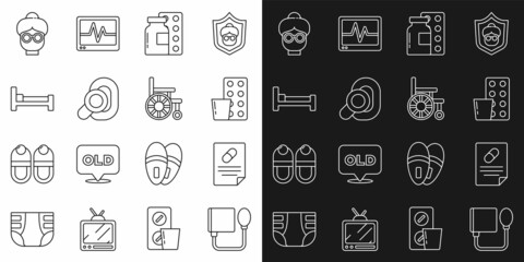 Set line Blood pressure, Medical prescription, Pills in blister pack, Hearing aid, Bed, Grandmother and Wheelchair icon. Vector