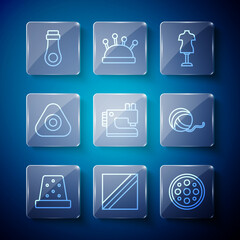 Set line Thimble for sewing, Textile fabric roll, Sewing button, Mannequin, machine, chalk, Zipper and Yarn ball icon. Vector