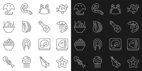 Set line Starfish, Fish head, Shrimp, Crab, Mussel, Shark fin soup, Stingray and Soy sauce bottle icon. Vector