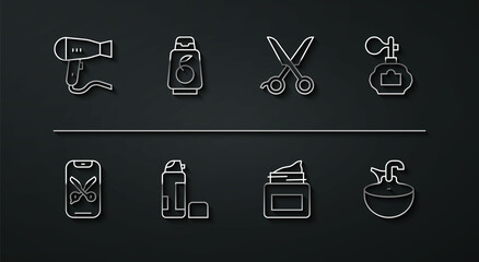 Set line Hair dryer, Barber online service or platform, Aftershave, Cream cosmetic jar, Shaving gel foam, Bottle of shampoo, Washbasin and Scissors hairdresser icon. Vector