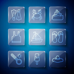 Set line Meteorology thermometer, Ice cream, Elegant women hat, Cruise ship, Yacht sailboat, Sleeveless T-shirt, Rubber flippers for swimming and Flip flops icon. Vector