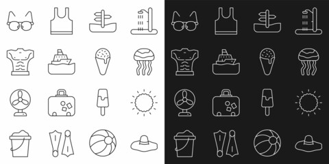Set line Elegant women hat, Sun, Jellyfish, Road traffic sign, Cruise ship, Bodybuilder muscle, Glasses and Ice cream in waffle cone icon. Vector