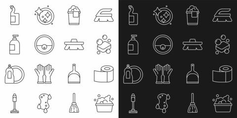 Set line Basin with soap suds, Toilet paper roll, Bar of, Bucket foam, Robot vacuum cleaner, Dishwashing liquid bottle, and Brush for cleaning icon. Vector © Kostiantyn