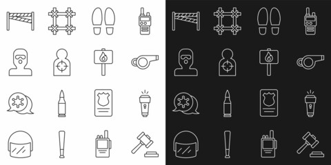 Set line Judge gavel, Flashlight, Whistle, Footsteps, Human target sport for shooting, Thief mask, Crime scene and Protest icon. Vector