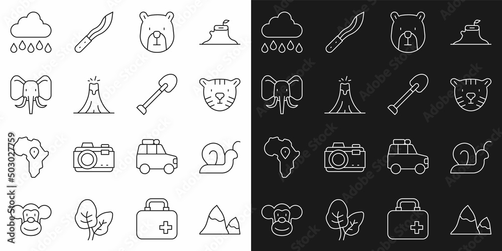 Poster set line mountains, snail, tiger head, bear, volcano eruption, elephant, cloud with rain and shovel 