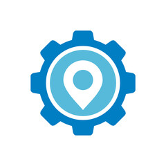 Gear and map pin logo icon design, cogwheel and location symbol