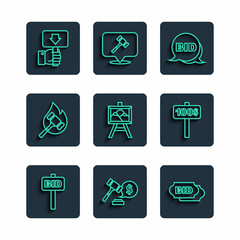 Set line Hand holding auction paddle, Auction hammer price, Bid, painting, and icon. Vector